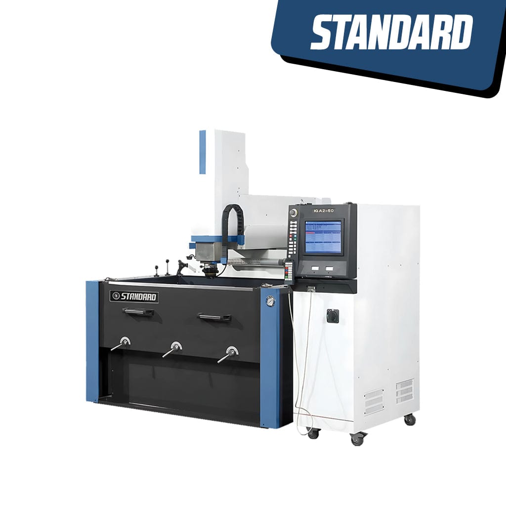 STANDARD EDS-500x400 CNC Spark Eroder, an industrial machining tool. The photograph features a metallic machine with control panels and components, emphasizing its precision in material removal through electrical discharges. Situated in a workshop setting, the CNC Spark Eroder is designed for specialized machining tasks, serving industrial applications with its advanced capabilities