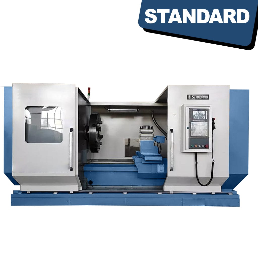 Image of a heavy-duty CNC lathe machine with a 6-ton capacity and Fanuc control, model STANDARD ETD-1250x10000. The machine is designed for precision turning operations in industrial settings, available from STANDARD and Standard Direct.