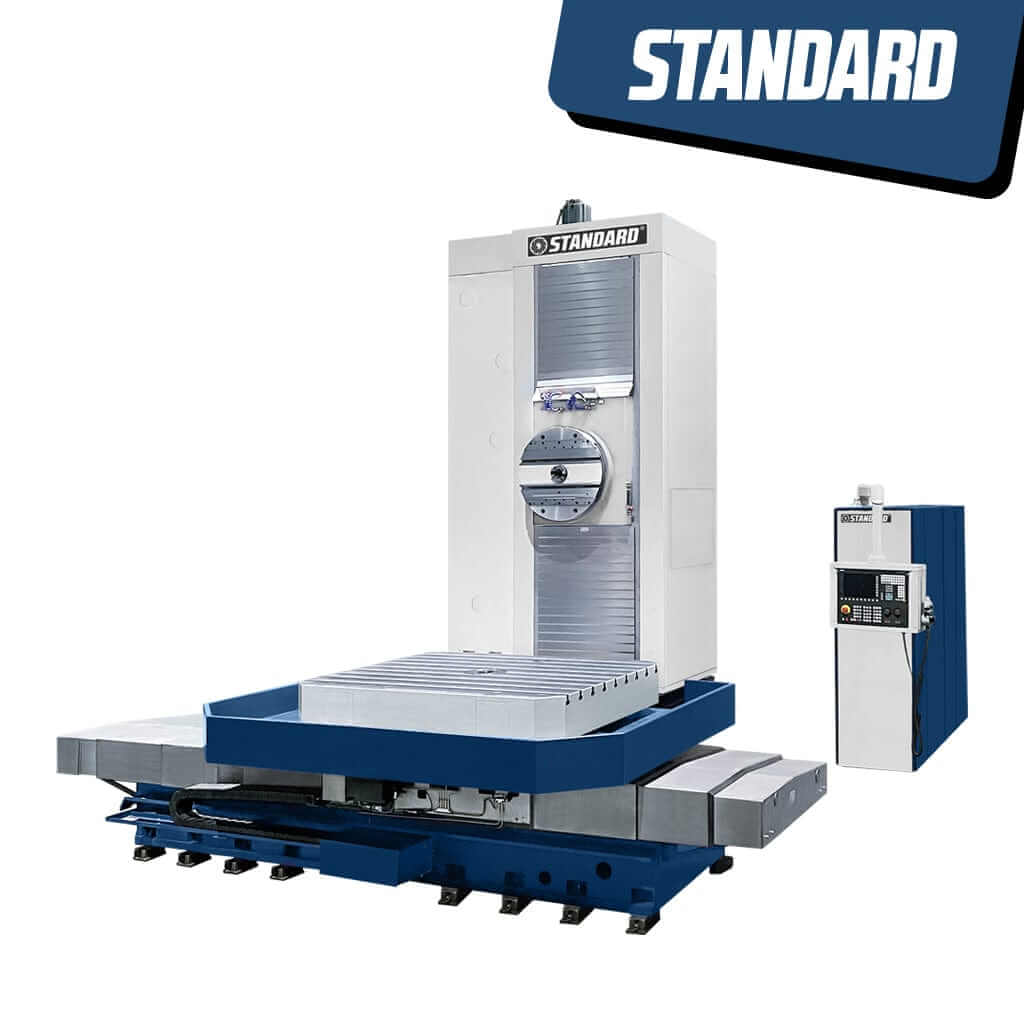 Image of a precision conventional &#39;STANDARD EHF-130A CNC Horizontal Boring Mill&#39; with a Ø130mm spindle and a facing head. The machine features X, Y, Z, B, W, and U axes for precise machining operations, available from STANDARD and Standard Direct.