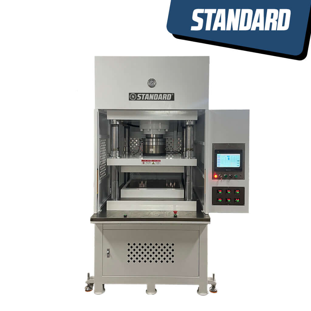 4-post hydraulic press apparatus with a digital touchscreen for precision operation